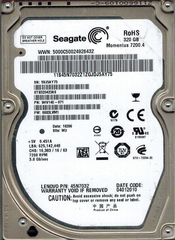 Seagate ST9320423AS F/W: 0003LVM1 P/N: 9HV14E-071 WU 320GB