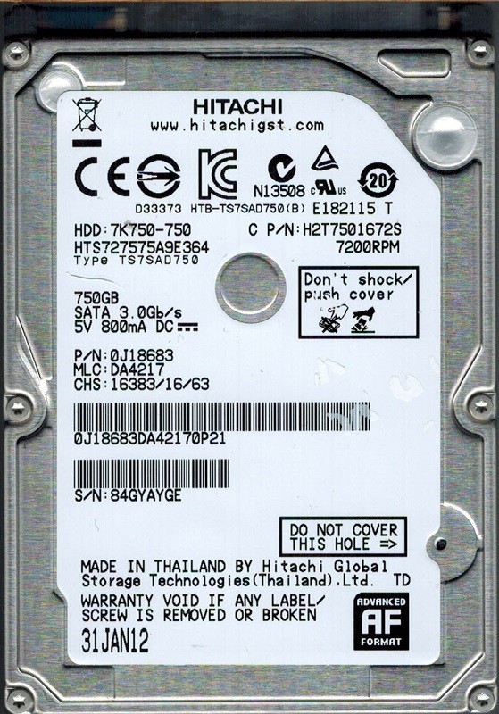 Hitachi HTS727575A9E364 P/N: 0J18683 MLC: DA4217 750GB