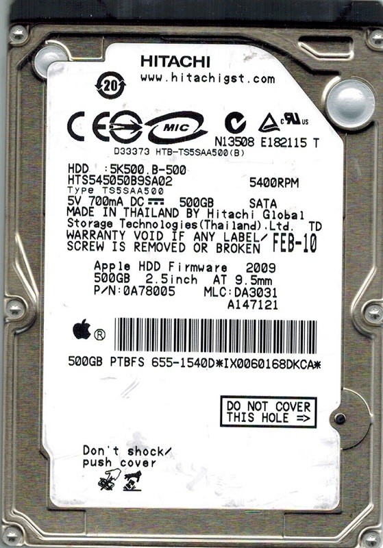 HTS545050B9SA02 P/N: 0A78005 MLC: DA3031 MAC 655-1540D Hitachi 500GB