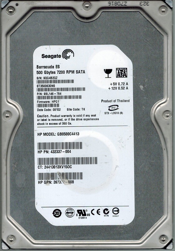 Seagate ST3500630NS P/N: 9BL146-784 500GB F/W: HPG1 TK