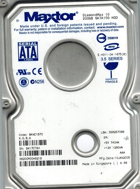 Maxtor 6B200M0 200GB SATA CODE: BANC1B70 K,G,B,A