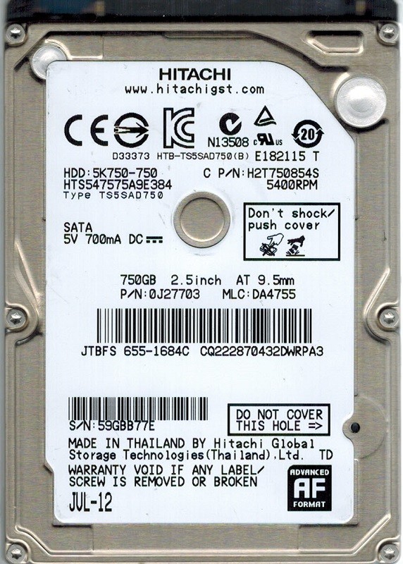 Hitachi HTS547575A9E384 P/N: 0J27703 MLC: DA4755 750GB