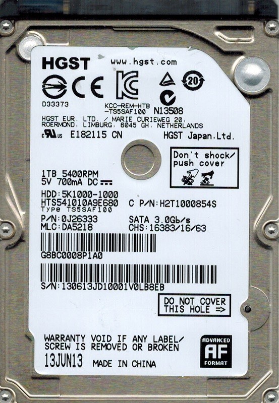 HTS541010A9E680 P/N: 0J26333 MLC: DA5218 1TB Hitachi