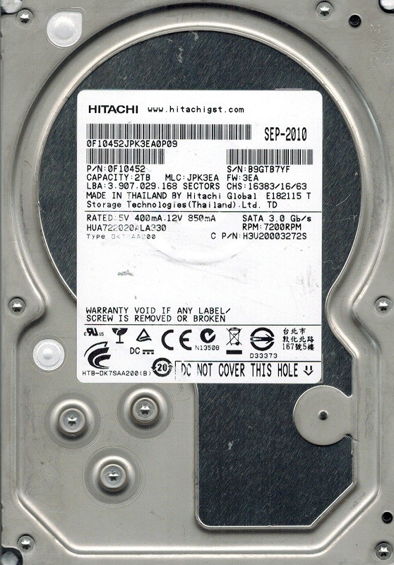 Hitachi HUA722020ALA330 P/N: 0F10452 MLC: JPK3EA 2TB