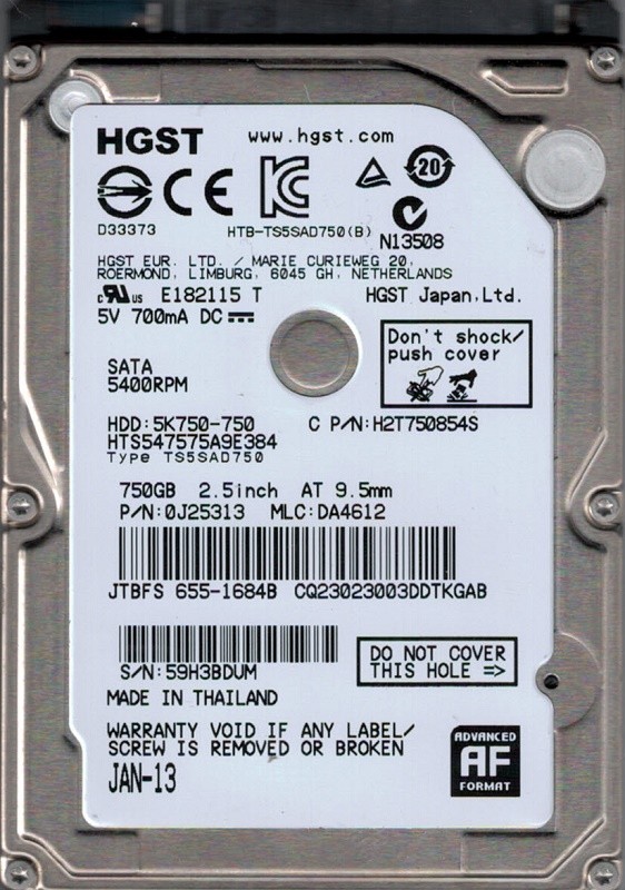 Hitachi HTS547575A9E384 P/N: 0J25313 MLC: DA4612 MAC 655-1684B 750GB