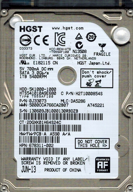 Hitachi HTS541010A9E680 P/N: 0J33073 MLC: DA5286 1TB