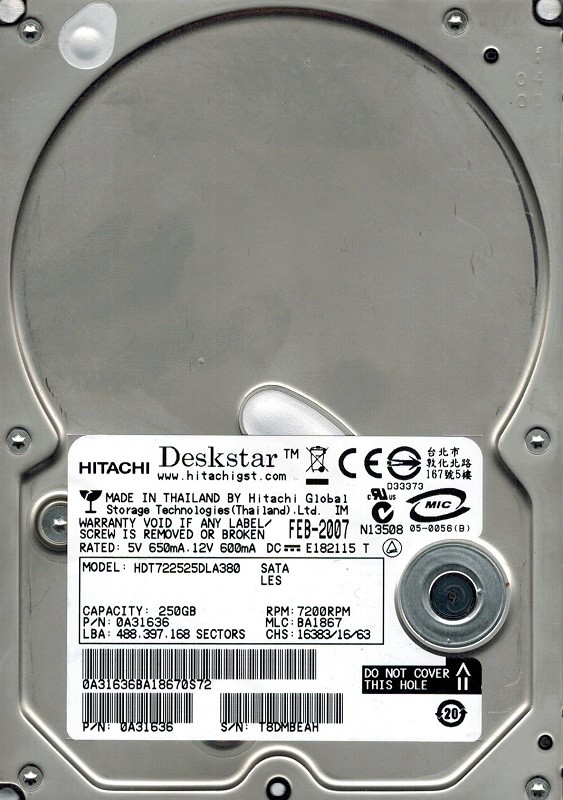 Hitachi HDT722525DLA380 P/N: 0A31636 MLC: BA1867 250GB