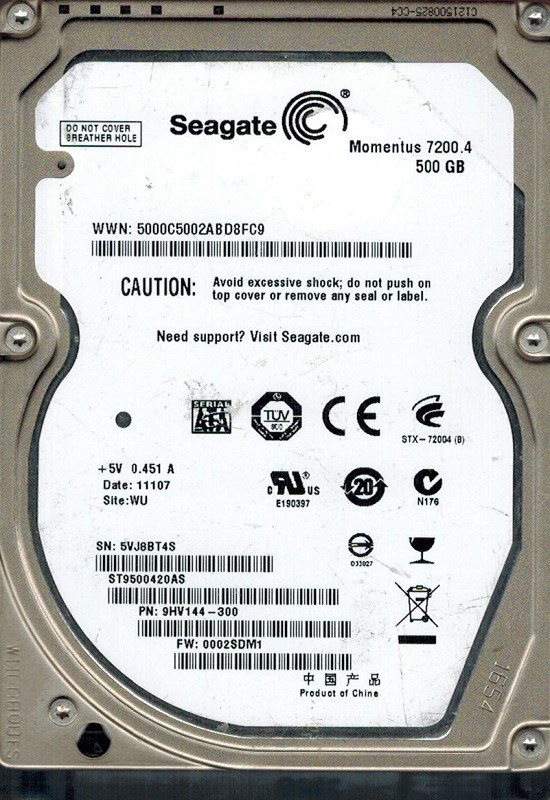 Seagate ST9500420AS P/N: 9HV144-300 F/W: 0002SDM1 500GB WU