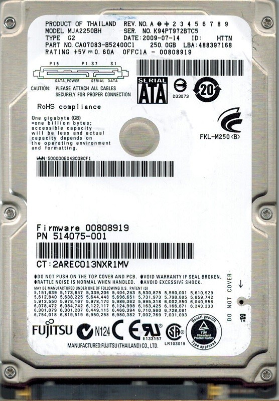 Fujitsu MJA2250BH P/N: CA07083-B52400C1 250GB DATE: 2009-07-14