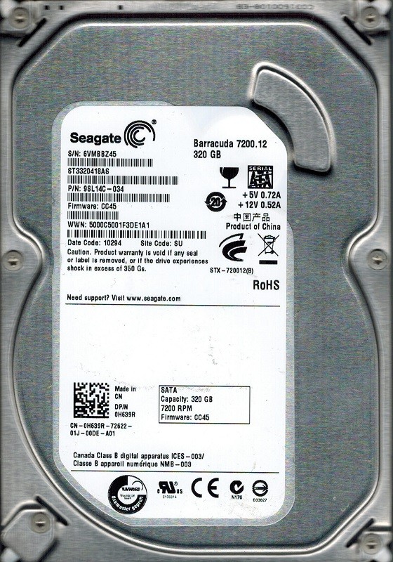 Seagate ST3320418AS P/N: 9SL14C-034 F/W: CC45 320GB SU