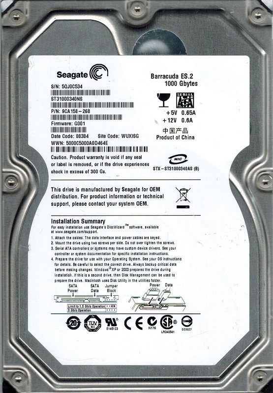 Seagate ST31000340NS F/W: G001 P/N: 9CA158-268 WUXISG 1TB