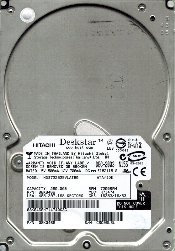 Hitachi HDS722525VLAT80 250GB P/N: 08K0466 MLC: H71474