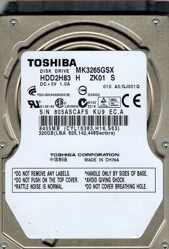 Toshiba MK3265GSX HDD2H83 H ZK01 S A0/GJ001Q 320GB