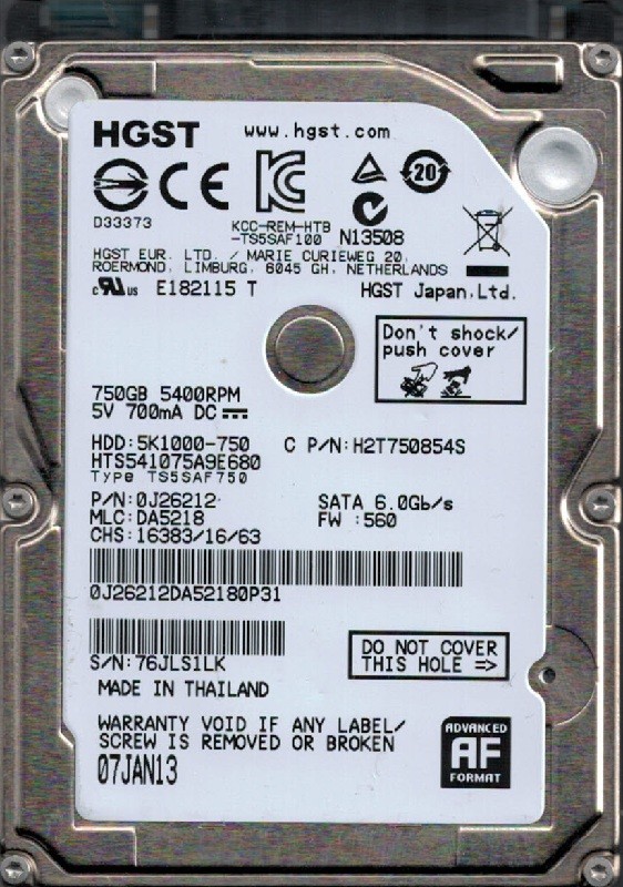 HTS541075A9E680 P/N: 0J26212 MLC: DA5218 Thailand HGST 750GB