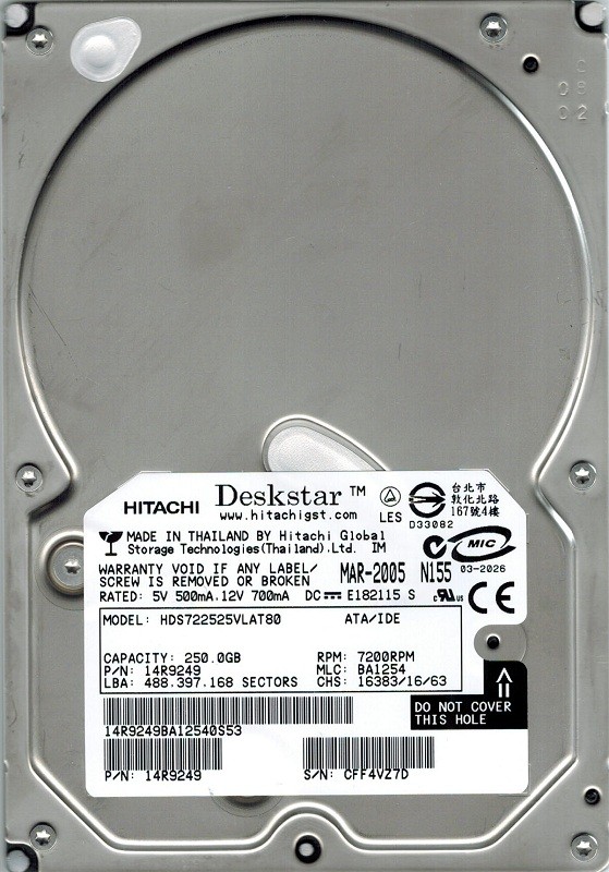 HITACHI HDS722525VLAT80 250GB P/N: 14R9249 MLC: BA1254
