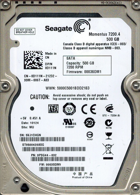Seagate ST9500420ASG P/N: 9PSG44-032 F/W: 0003SDM1 500GB WU 