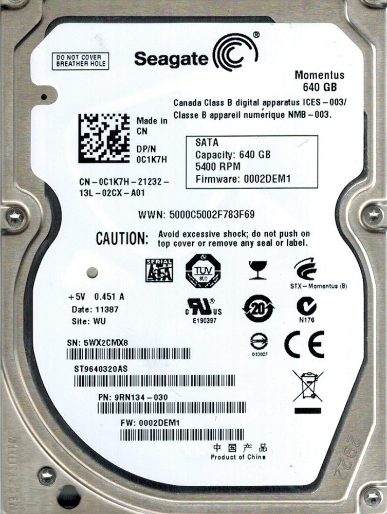 Seagate ST9640320AS 640GB P/N: 9RN134-030 F/W: 0002DEM1 WU