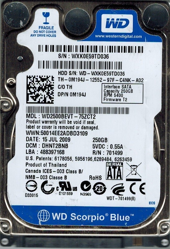 Western Digital WD2500BEVT-75ZCT2 250GB DCM: DHNT2BNB
