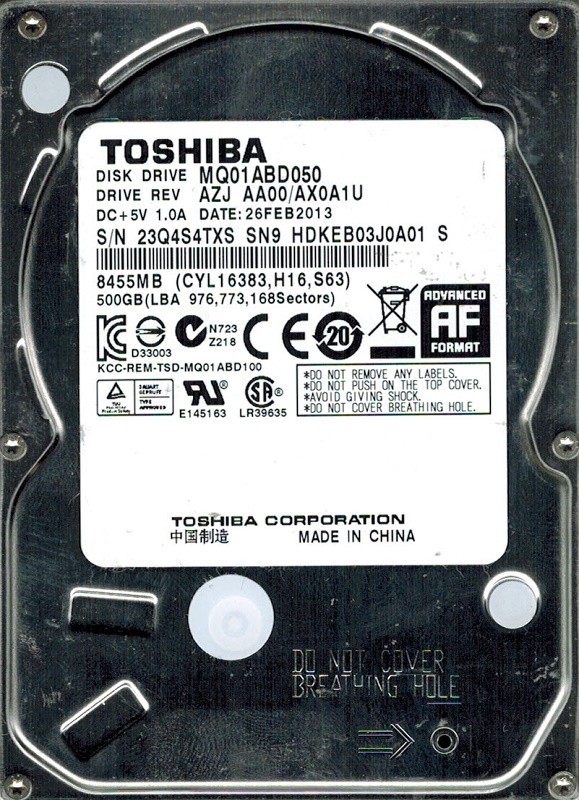 Toshiba MQ01ABD050 AZJ AA00/AX0A1U CHINA 500GB