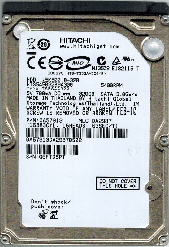 Hitachi HTS545032B9A300 P/N: 0A57913 MLC: DA2987 320GB