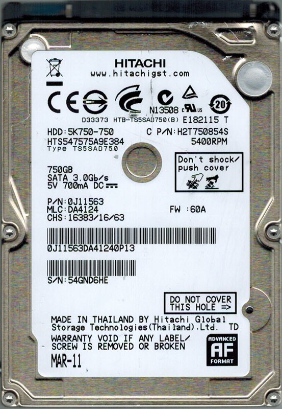 Hitachi HTS547575A9E384 P/N: 0J11563 MLC: DA4124 750GB