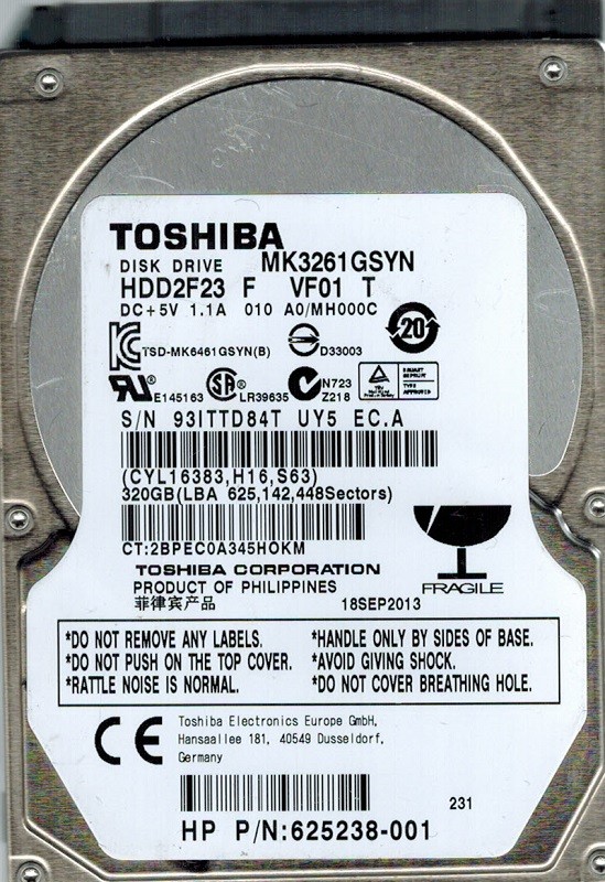 Toshiba MK3261GSYN HDD2F23 F VF01 T F/W: A0/MH000C PHILIPPINES 320GB