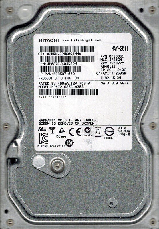 Hitachi HDS721025CLA382 P/N: 0F13651 MLC: JPT3GH 250GB