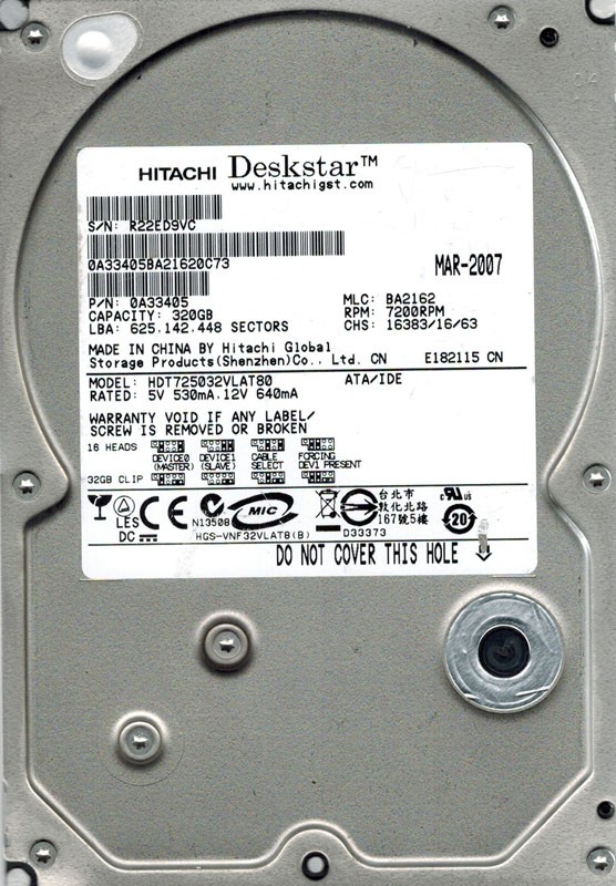 Hitachi HDT725032VLAT80 320GB P/N: 0A33405 MLC: BA2162