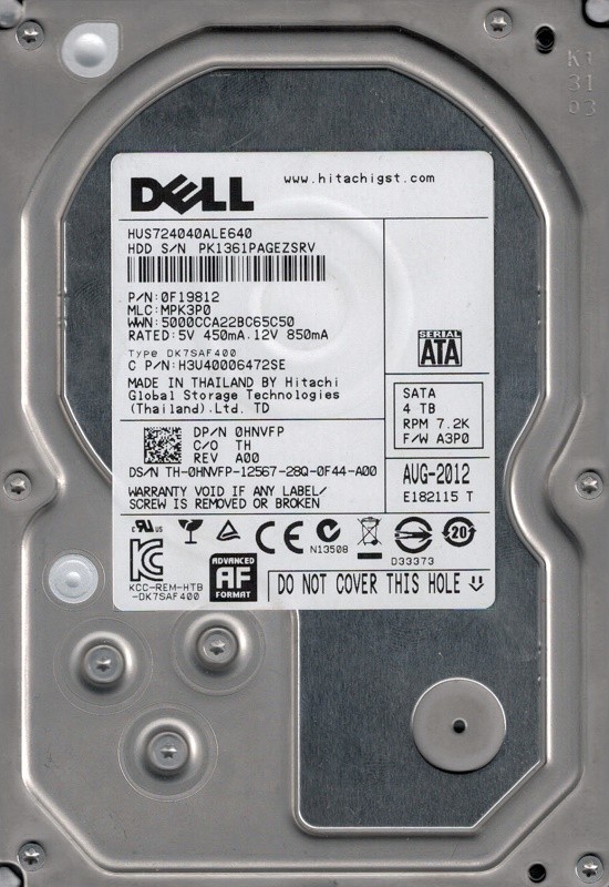 Hitachi HUS724040ALE640 P/N: 0F19812 MLC: MPK3P0 4TB DELL