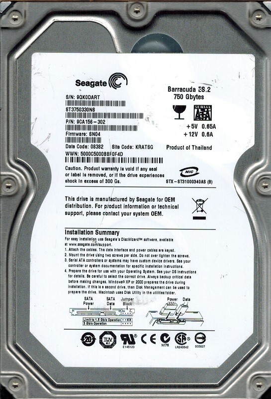 Seagate ST3750330NS 750GB P/N: 9CA156-302 F/W: SN04 KRATSG