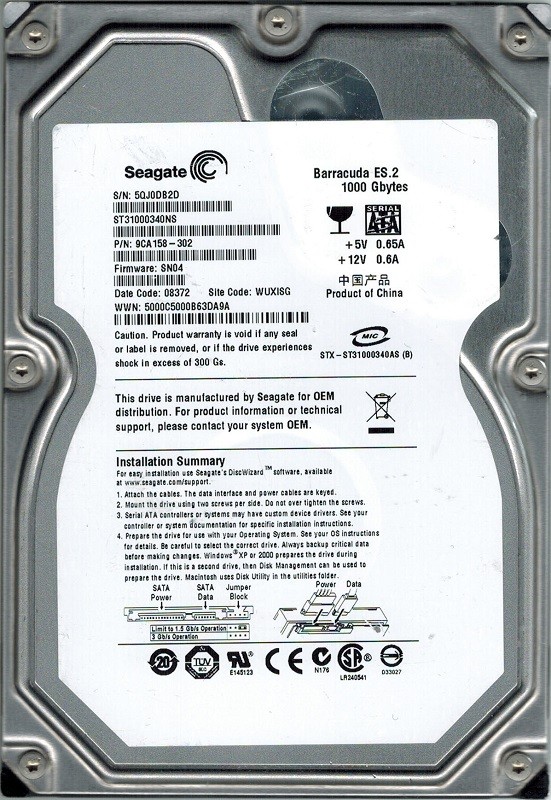 Seagate ST31000340NS P/N: 9CA158-302 F/W: SN04 1TB WUXISG