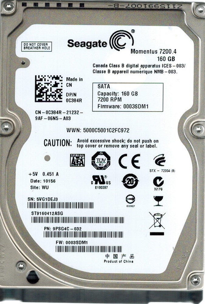 Seagate ST9160412ASG 160GB P/N: 9PSG4C-032 F/W: 0003SDM1 WU