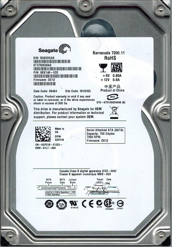 Seagate ST3750630AS P/N: 9BX146-033 F/W: DE12 WUXISG 750GB
