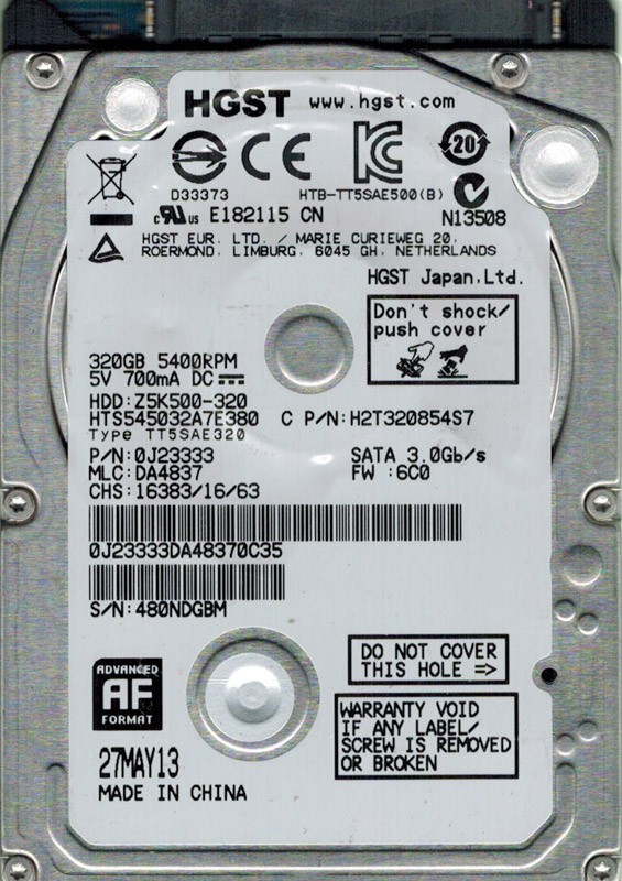 Hitachi HTS545032A7E380 P/N: 0J23333 MLC: DA4837 320GB China