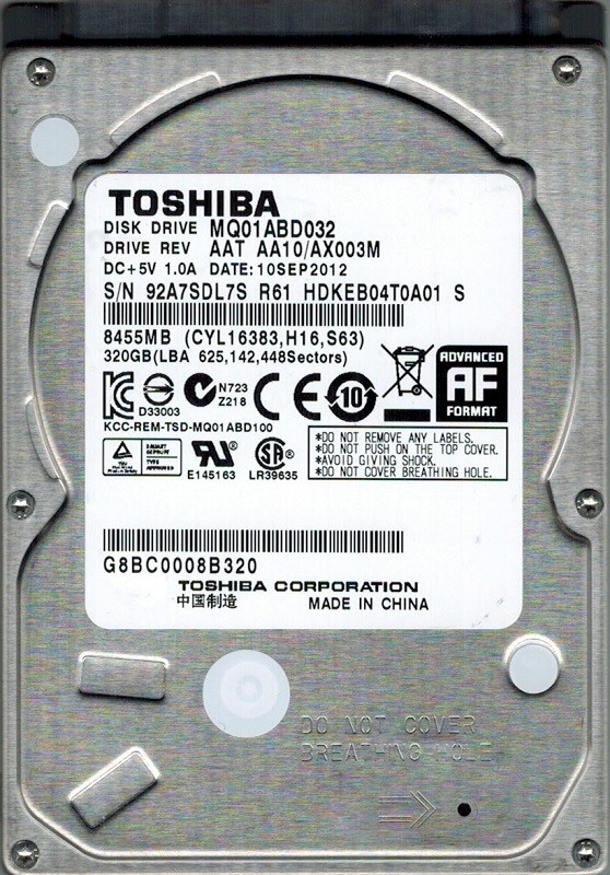 Toshiba MQ01ABD032 320GB AAT AA10/AX003M CHINA