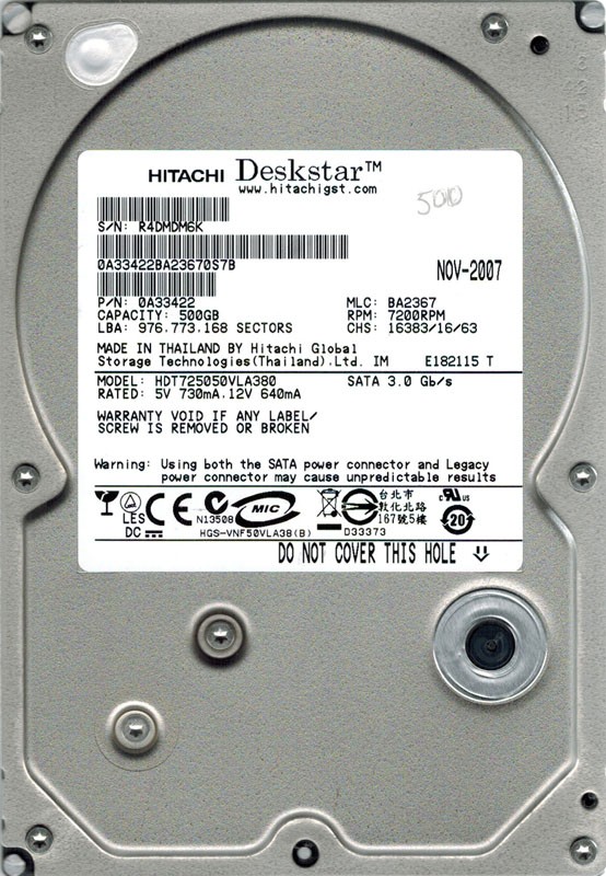 Hitachi HDT725050VLA380 P/N: 0A33422 MLC: BA2367 500GB