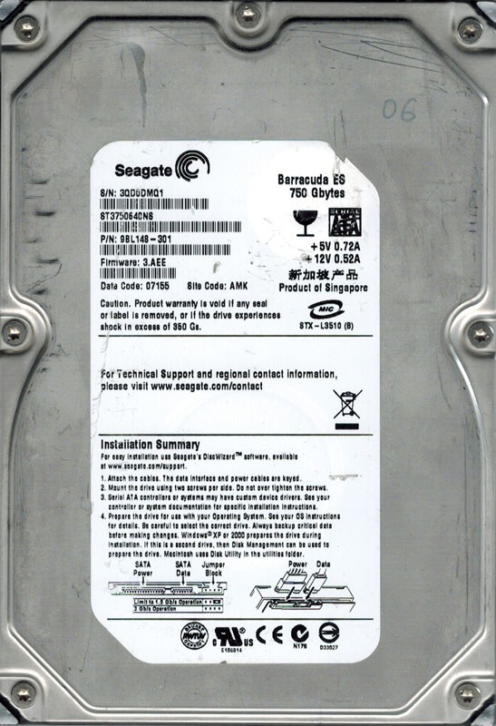 Seagate ST3750640NS F/W: 3.AEE P/N: 9BL148-301 AMK 750GB
