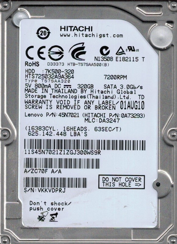 HTS725032A9A364 Hitachi P/N: 0A73293 MLC: DA3247 320GB