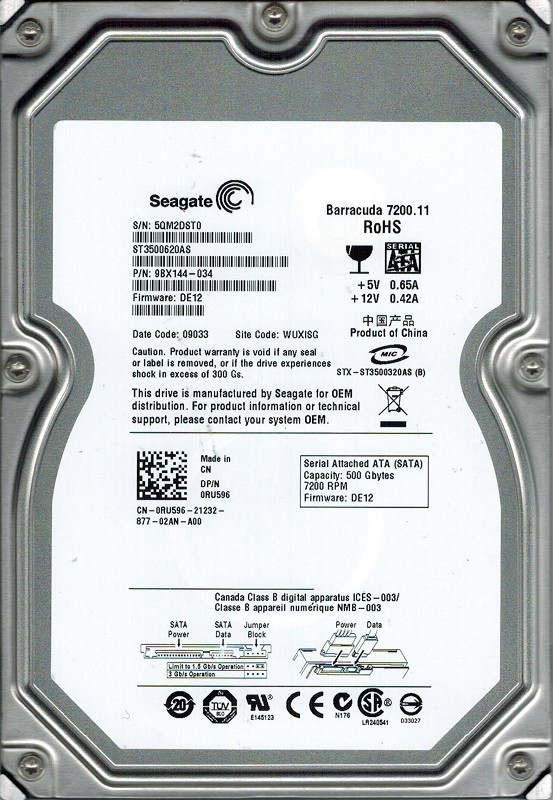 Seagate ST3500620AS P/N: 9BX144-034 F/W: DE12 500GB WUXISG