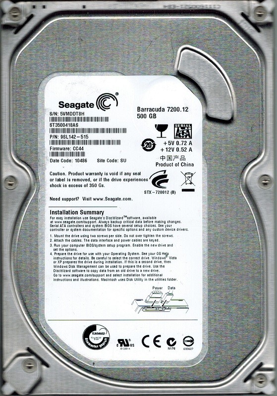 Seagate ST3500418AS P/N: 9SL142-515 F/W: CC44 500GB SU