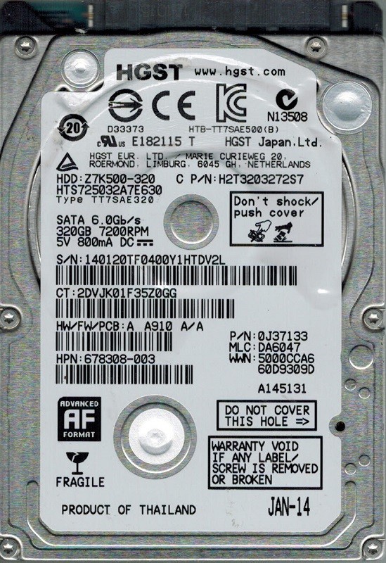 Hitachi HTS725032A7E630 MLC: DA6047 P/N: 0J37133 320GB