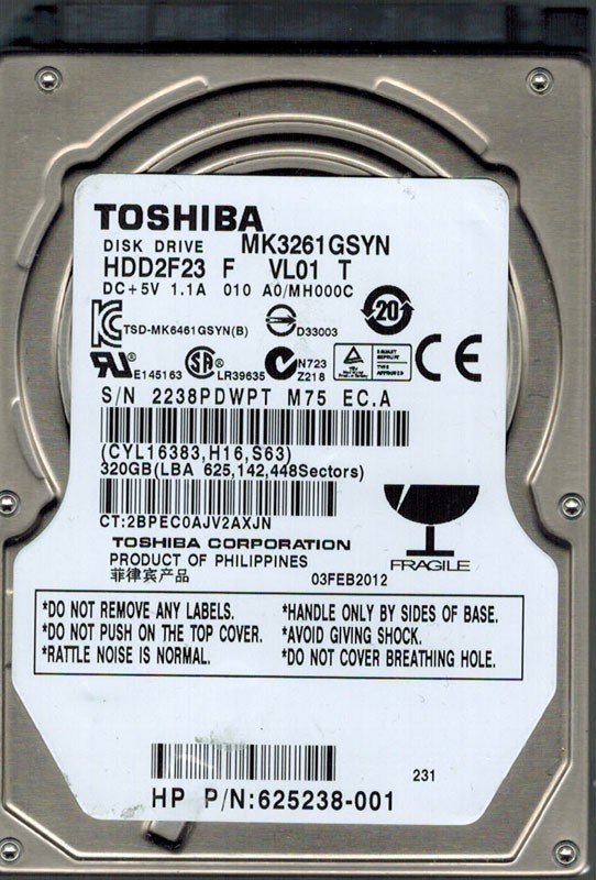 Toshiba MK3261GSYN HDD2F23 F VL01 T 320GB SATA PHILIPPINES