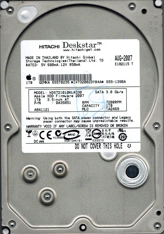 Hitachi HDS721010KLA330 P/N: 0A35851 MLC: BA2469 1TB MAC 655-1390A