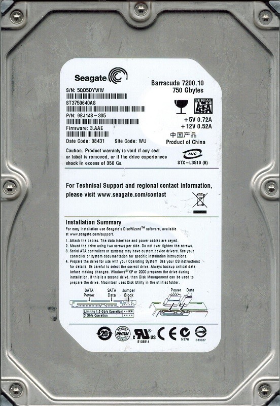Seagate ST3750640AS 750GB P/N: 9BJ148-305 F/W: 3.AAE WU
