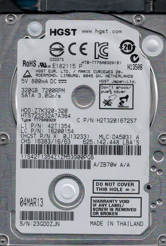 HGST HTS723232A7A364 P/N: 0J13233 MLC: DA5031 320GB