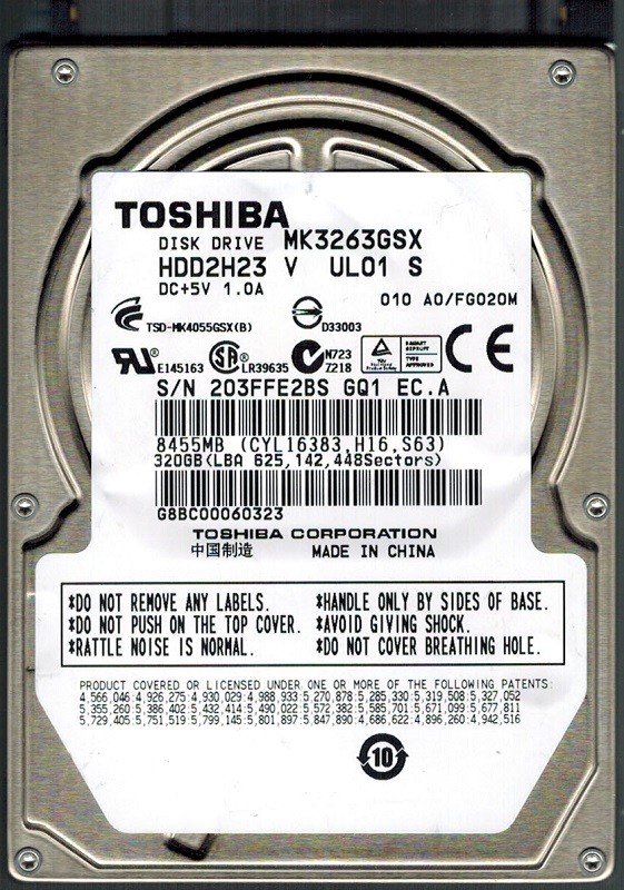 Toshiba MK3263GSX HDD2H23 V UL01 S 320GB A0/FG020M CHINA
