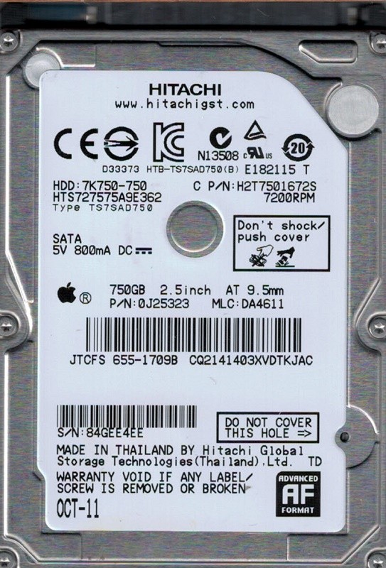 Hitachi HTS727575A9E362 P/N: 0J25323 MLC: DA4611 MAC 655-1709B