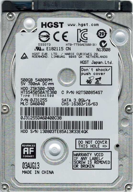 HGST HTS545050A7E380 P/N: 0J31255 MLC: DA6040 500GB Hitachi