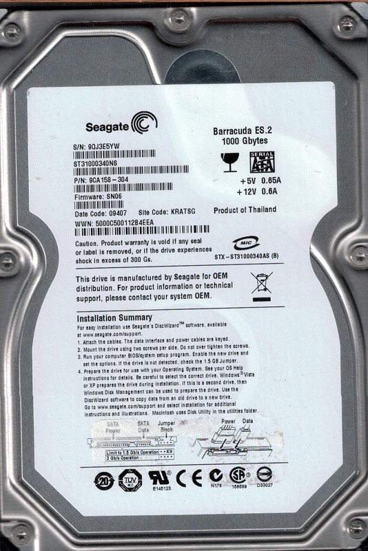 Seagate ST31000340NS F/W: SN06 P/N: 9CA158-304 1TB KRATSG