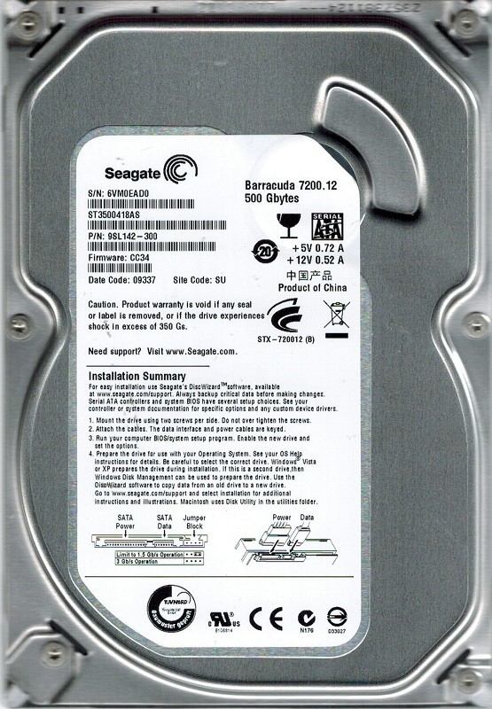 Seagate ST3500418AS F/W: CC34 P/N: 9SL142-300 500GB SU